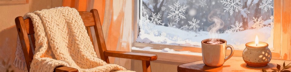 Cozy armchair with blanket and mug beside snowy window  