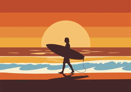 Sunset surfer silhouette walking on beach with vibrant waves and orange sky