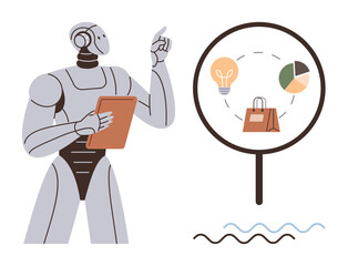 Humanoid robot holding tablet, pointing at magnifying glass with icons of bulb, shopping bag, and pie chart. Ideal for AI, innovation, e-commerce, data analysis, creativity technology and market