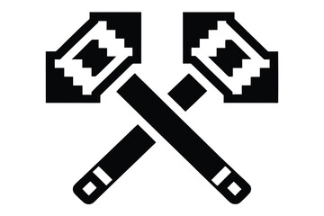 Two crossed pixelated black hammer icons displayed over a white background create a bold statement
