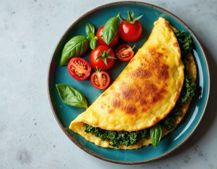 Golden omelette filled with green veggies and served with fresh tomatoes and basil. Light background provides ample copy space for text overlays. Meal is ready to eat.