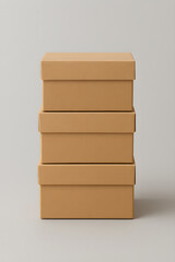 Set of three stacked cardboard box mockups front view on gray background