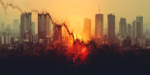 Fototapeta premium 都市の夜景に落ちる赤いチャート・不況を示す背景