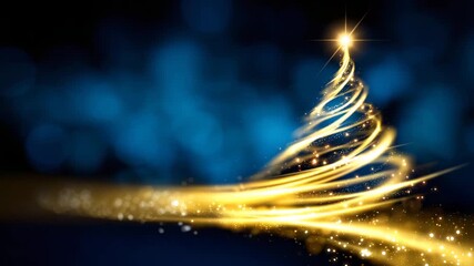 2026 A mesmerizing 4K motion graphic video of a glowing golden light trail forming a Christmas tree shape against a deep blue background The camera moves smoothly upward as golden particles sw 4K - Powered by Adobe