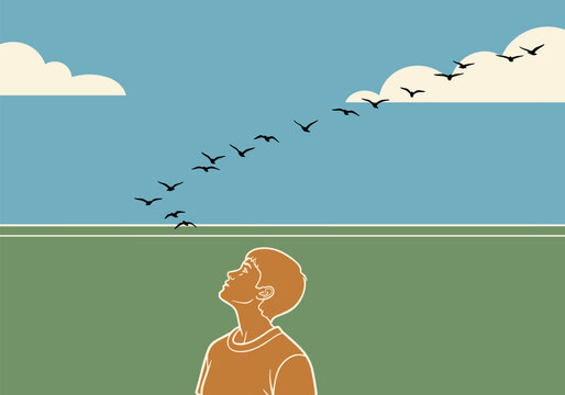 Contemplative youth under sky with birds