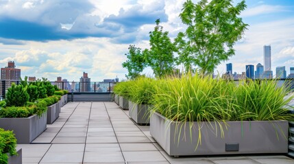 Naklejka premium Urban rooftop terrace with large planters, green plants, and city skyline under cloudy sky, representing urban gardening and green spaces.