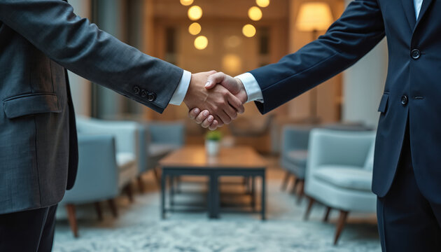 Two businessmen in suits shake hands, closing a deal in a modern office lobby. This signifies partnership, agreement, trust, and successful collaboration in corporate settings.
