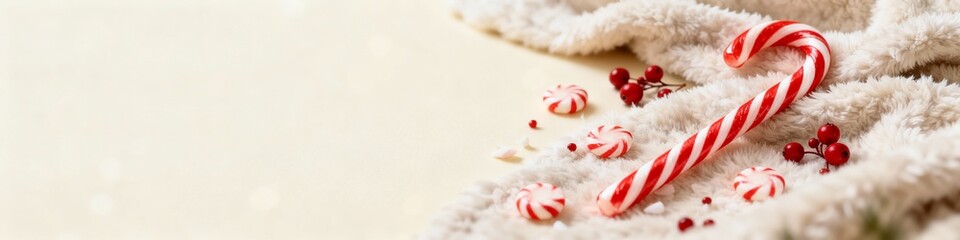 Candy cane on a soft towel with peppermint candies for Christmas  