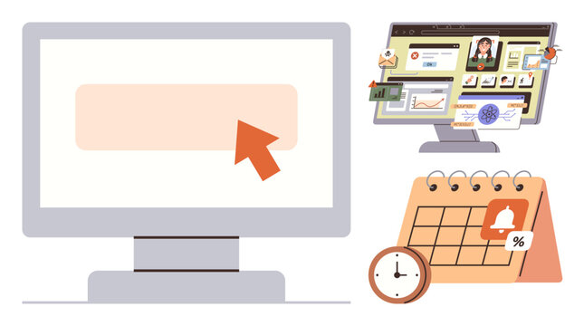 Computer screen with cursor, desktop dashboard with graphs and notifications, calendar with event alert and percentage sign, clock. Ideal for planning, productivity, scheduling, reminders, analytics