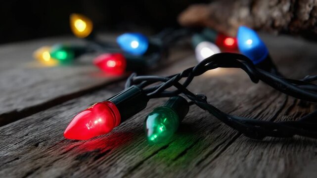 Colorful Christmas string lights glowing on rustic wooden surface in festive holiday setting. Christmas lights, holiday, festive, colorful bulbs, string lights, winter, decoration, celebration 2026