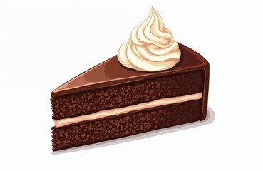 Slice of rich chocolate cake with creamy filling layers. Sweet dollop of white cream sits on top. Delicious dessert graphic illustration perfect for menu design, bakery ads, cafe promotion, sweet