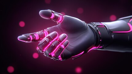 Futuristic Technology. Glowing Robotic Hand Reaching Out for Interaction and Connection in Darkness