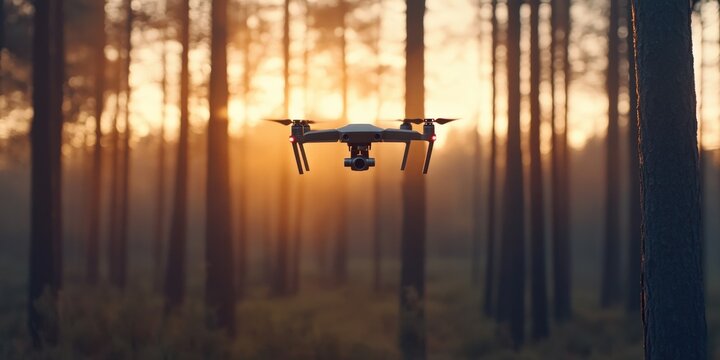 Drone Flying Over Trees at Sunset, Capturing Nature's Beauty and Serenity