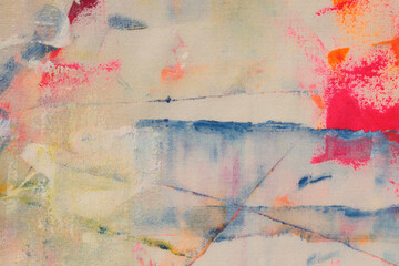 Grunge beige canvas denim fabric with painting grain brush stroke smear neon color blot. Art Texture abstract background.