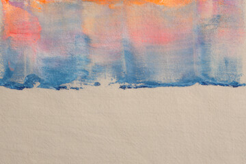 Grunge beige canvas denim fabric with painting grain brush stroke smear neon color blot. Art Texture abstract background.