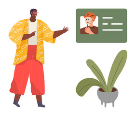 Individual gesturing toward a profile card with photo and text. Ideal for identity, personal branding, online networking, bio display, introduction, professional profile, data sharing. Simple flat