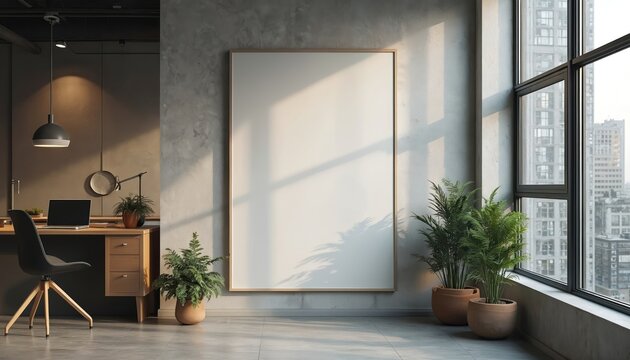 Empty vertical poster in modern loft office with large windows and city view. Minimalist interior features desk plants and concrete walls. Space for presentation or artwork.