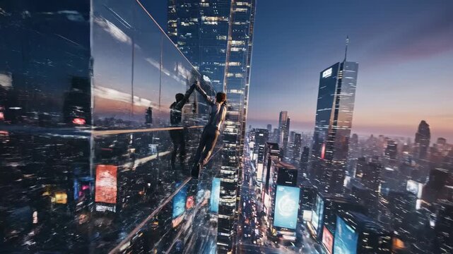 Urban Daredevil Leaps Across Cityscape at Sunset.