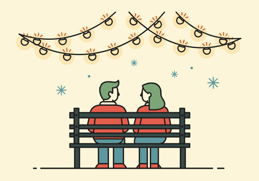 Cute linear winter scene with couple sitting on bench under festive lights