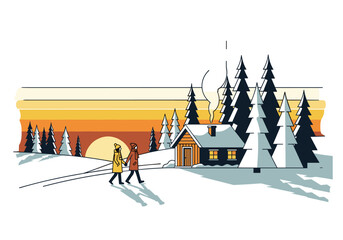 Winter wonderland: cozy cabin retreat with sunset and snowy forest scene