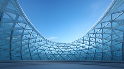 Modern architectural design featuring a spacious glass dome structure with intricate geometric patterns under a bright blue sky.