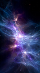 Swirling nebulae in deep space exhibit vibrant blues and purples, creating a dynamic visual effect. 