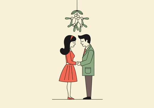 Romantic couple embracing under mistletoe in minimalist holiday scene