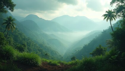 Illustration of misty jungle landscape with green trees palm trees, mountains. Serene view promotes exploration adventure nature, eco-tourism. Artwork suitable for travel blogs articles, posters.
