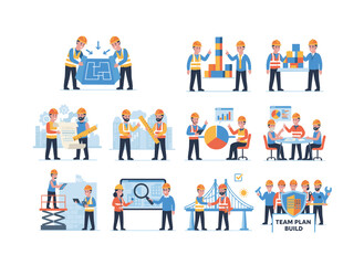 Fototapeta premium A set of flat vector illustrations featuring builders, architects, professional contractors, and engineers, illustrating architectural project planning, development, approval, and the building