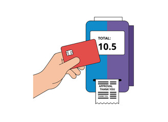 A hand holding a debit or credit card waves it over an electronic terminal or reader to make a purchase, illustrating a modern, colorful flat‑style vector of contactless payment technology