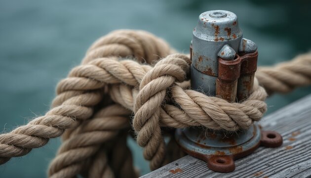 Close photo of rope tied to metal cleat on wooden pier. Nautical design showcases textured rope tied around the mooring bollard. Background sea water creates contrast with focus on detail. - Powered by Adobe