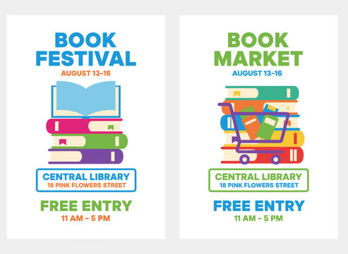 Book festival and fair ad poster designs, promo flyer backgrounds with abstract literary themes for reading and education events in libraries, store sales, and bookshops, featuring colored flat