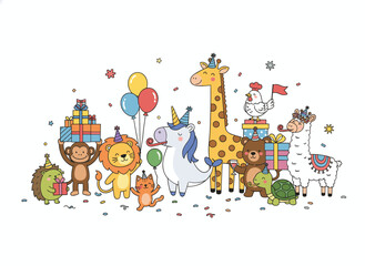 Obraz premium A whimsical group of charming wild animals celebrating a birthday party, featuring playful cartoon characters wearing cone hats, holding cake, gifts, and balloons, rendered in a flat, childlike