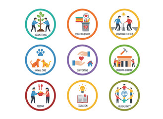Fototapeta premium A flat vector illustration set featuring young volunteers engaged in helping the homeless, scavenging, supporting disabled and elderly individuals, caring for animals, and planting trees—capturing