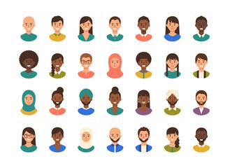 A collection of head portraits featuring diverse men and women of various ages and races, depicting cheerful modern avatars of both young and old, bundled as flat vector illustrations set against a