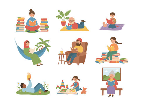 A group of children engrossed in reading or studying, boys and girls holding books, young literature enthusiasts set against a white background, depicted in a modern flat cartoon colorful vector