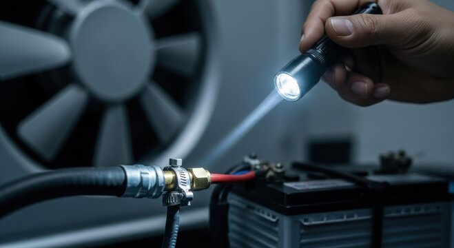 Mechanic inspecting car battery with flashlight — ideal for battery inspection, car safety and automotive technology content.