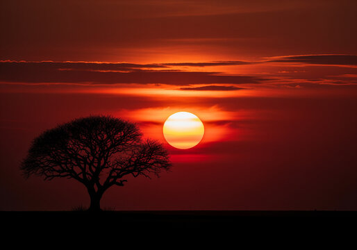 Poetic cinematic shot with glowing red sun