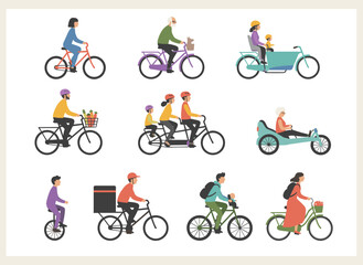 Fototapeta premium A colorful vector illustration featuring cartoon men, women, and children riding various bicycles—city, BMX, hybrid, chopper, cruiser, single‑speed, and fixed‑gear