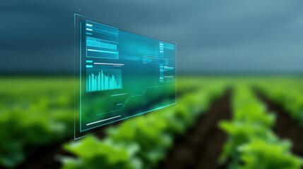 Advanced Agricultural Technology with Data Visualization Overlay on Growing Crops in Field During Overcast Sky Daylight for Modern Farming Applications