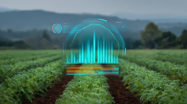 Advanced Digital Monitoring System Overlooking Lush Green Farm Fields with High-tech Interface Displaying Data Analytics and Crop Health Information - Powered by Adobe