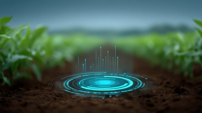 Futuristic Agriculture Concept with Digital Overlay in Rural Field Showing Data Visualization and Technological Advancements in Farming Practices