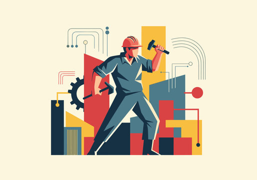 Futuristic worker with tools and cityscape: geometric and abstract design