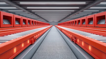 Modern Warehouse Interior with Red Racks and Conveyor Belts for Efficient Material Handling and Logistics Operations in a High-Tech Environment
