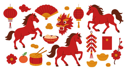 A collection of Chinese symbols and images, including a dragon, a horse, and a lantern. Scene is celebratory and festive, likely representing a Chinese New Year celebration