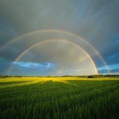 Obraz premium Double rainbow arches over a green field after rain. Sun shines through clouds on horizon. Nature beauty displays vibrant colors across the sky, marking end of storm.