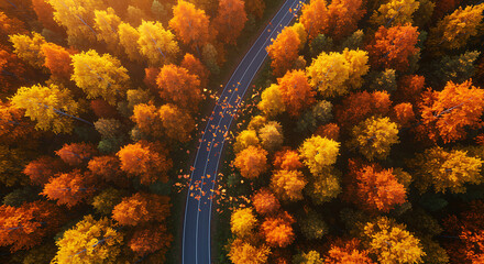 Aerial view of winding road through autumn forest fall