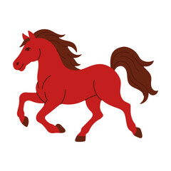 A red horse with a white background. The horse is running and has a happy expression. The horse is the main focus of the image