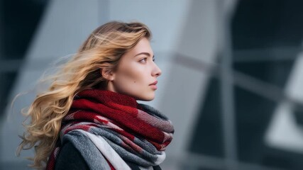 Portrait of a fashionable woman in a warm scarf, embracing tranquility in a contemporary city setting. Soft natural light highlights her serene expression and chic style