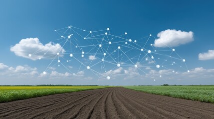 Expansive Agricultural Field with Deep Soil and Digital Connectivity Concept Illustrating Modern Farming Technology and Data Analysis in Nature